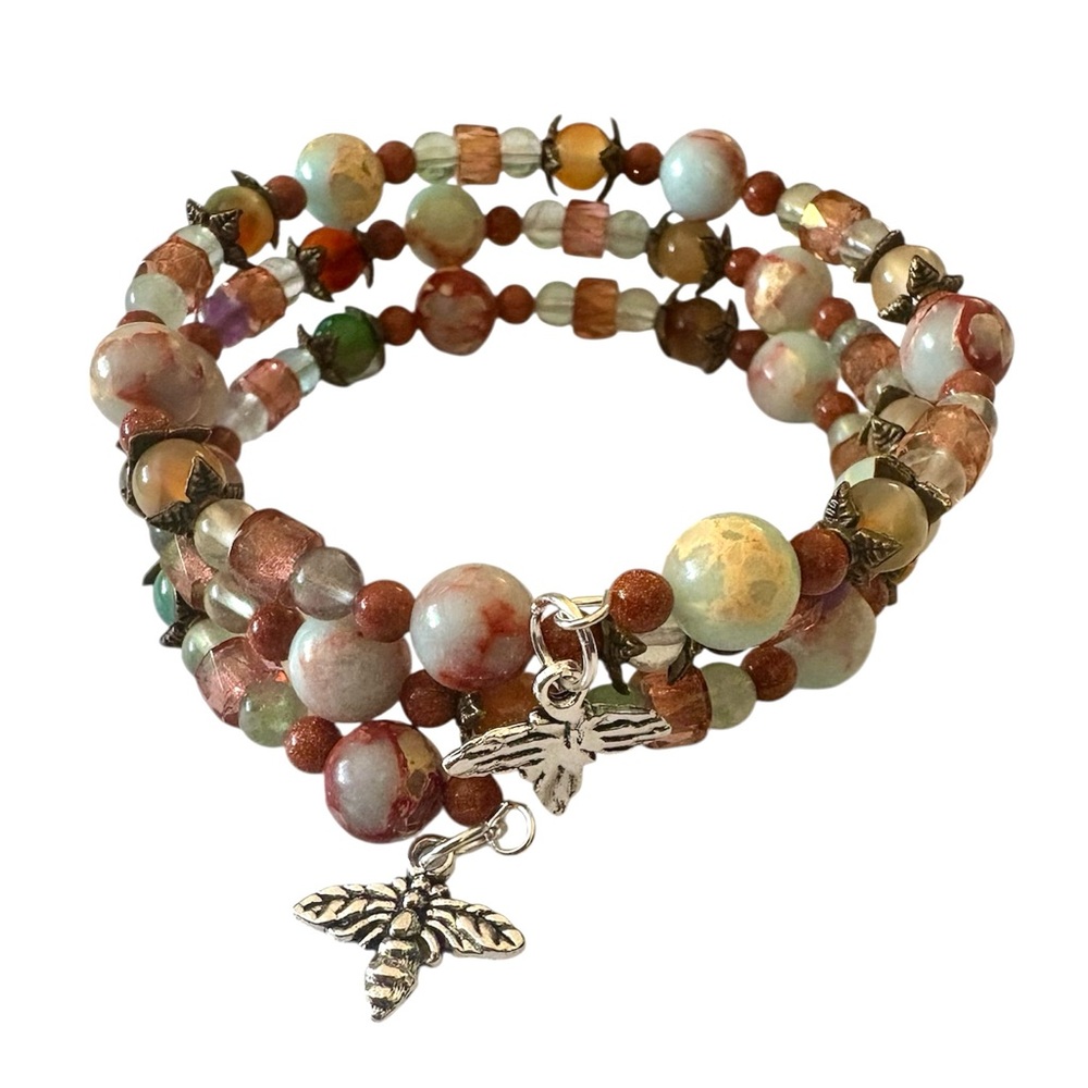 Imperial Jasper, Czech Glass, Goldstone and Peacock Agate Wrap Bracelet